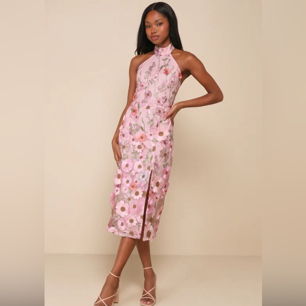 Unique Impression Pink 3D Floral Embroidered Halter Midi Dress - size M